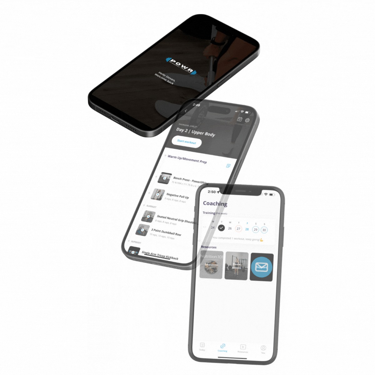 POWR Training App showing a custom workout, exercise demos, progress tracking, and coach messaging